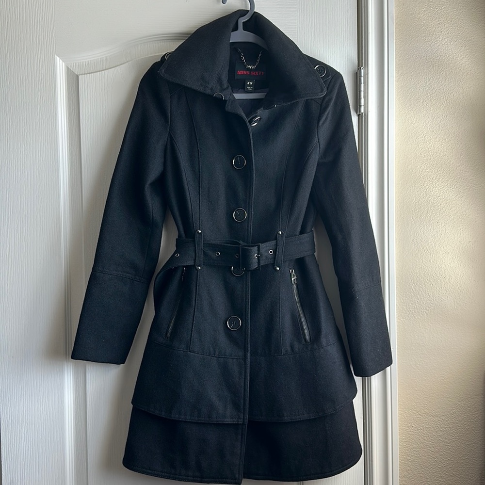 Miss Sixty Black Mid-length Belted Coat, XS